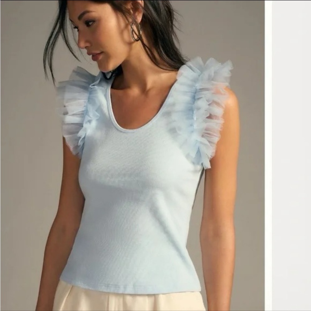 NWOT ANTHROPOLOGIE Dolan Tulle Ruffle Sleeve Sky Blue Tank Top XL Preppy